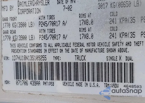 2003 Dodge Ram 1500 Slt/Laramie/St z USA, uszkodzony, nr VIN 1D7HU18N13S109255